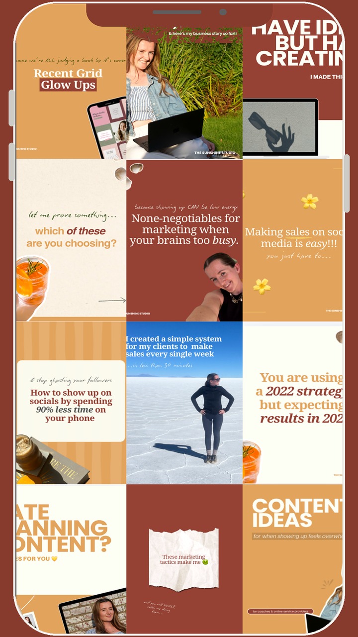 Instagram grid design by The Sunshine Studio, shown on a phone