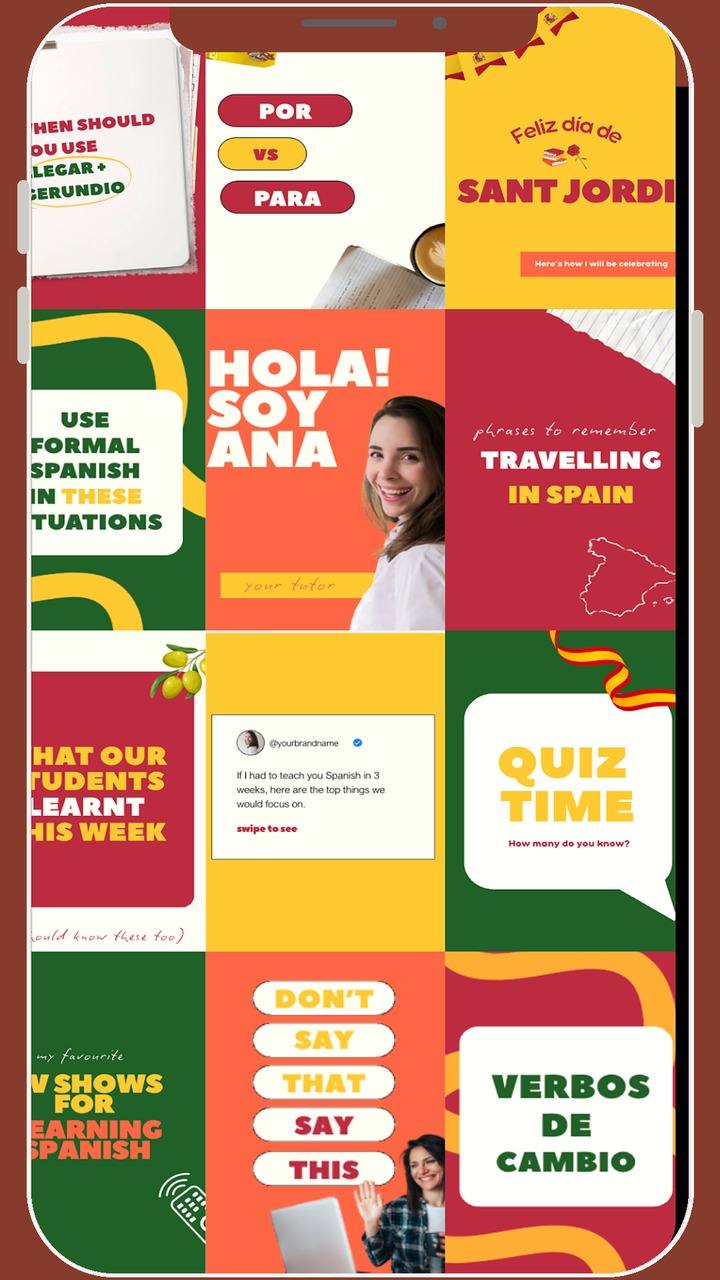 Instagram grid design for a Spanish tutor by The Sunshine Studio, shown on a phone