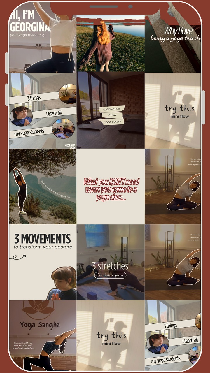 Instagram grid design for a yoga teacher by The Sunshine Studio, shown on a phone